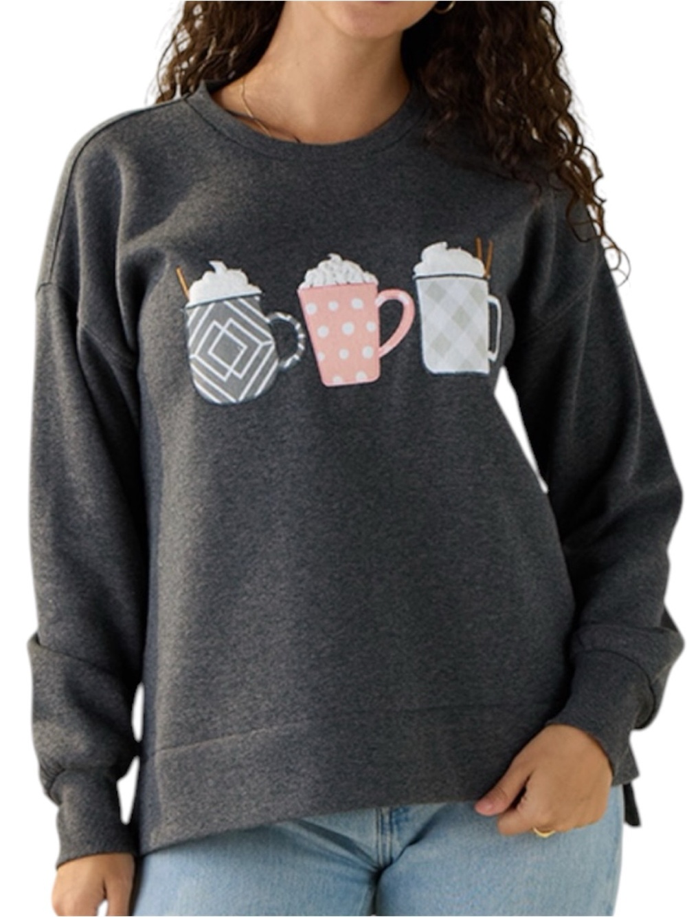 Cozy Dark Gray Coffee Relaxed Graphic Sweatshirt